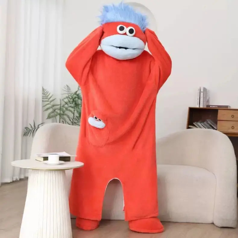 Coral red Big Mouth Monster onesie with blue hair