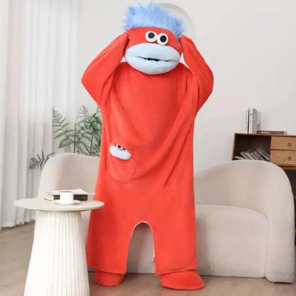 Coral red Big Mouth Monster onesie with blue hair