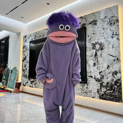 Purple Big Mouth Monster onesie with purple hair and pink mouth