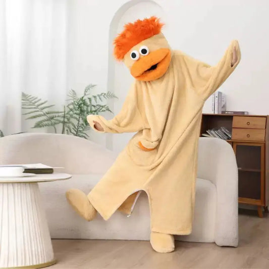 Sand Big Mouth Monster coral-fleece onesie with orange hair and oversized monster-face hood