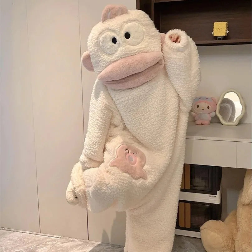 White Big Mouth Monster onesie with pink mouth and mini face pocket