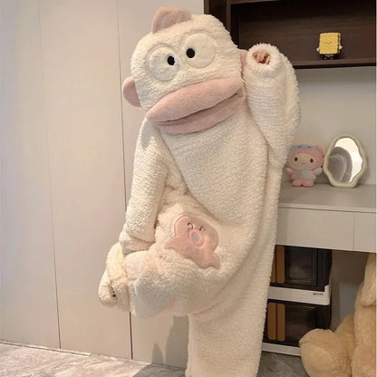 White Big Mouth Monster onesie with pink mouth and mini face pocket