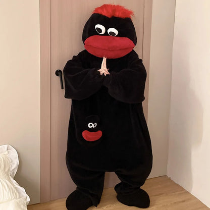 Black Big Mouth Monster onesie with red hair and red mouth